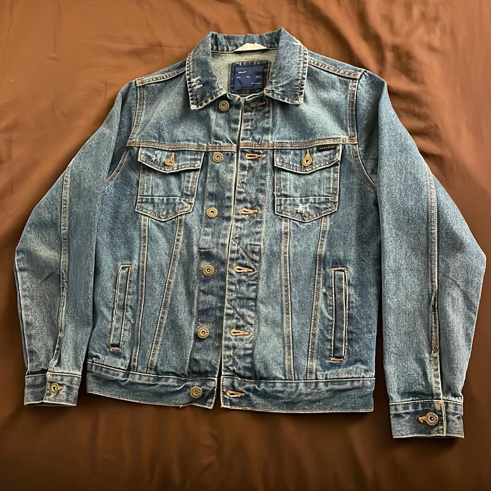 Zara Distressed Blue Denim Jacket sz S